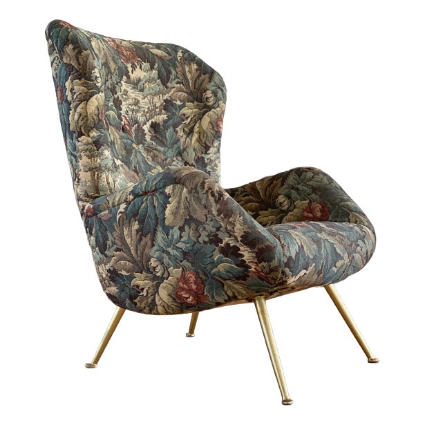 Mid-Century Italian Wing Armchair with Floral Pattern in Jacquard Fabric, 1950s For Sale