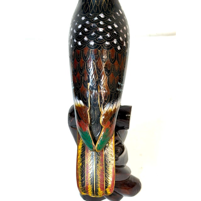 Chinese Cloisonné Parrot on Carved Hardwood Tree Trunk Base Chinese, Circa 1960 For Sale - Image 10 of 13