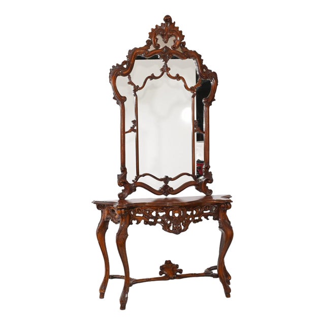 Italian Carved Console Table Mirror, 1920s, Set of 2 For Sale
