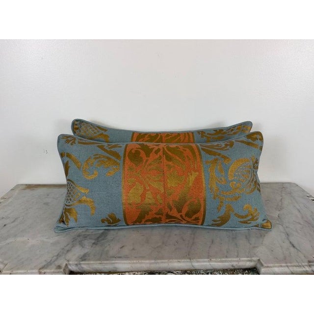 An exquisite and highly collectible pair of custom designer lumbar pillows in the timeless style of Nomi Fabrics,...