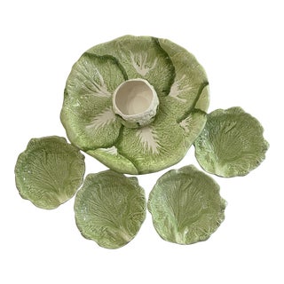 Vintage 1990 H & Hd Majolica Cauliflower and Lettuce Salad Bowls and Serve Bowl - Set of 6 Pieces For Sale