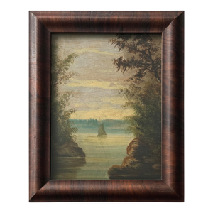 Antique Folk Art Seascape With Sailboat, Framed (Oil on Board)
