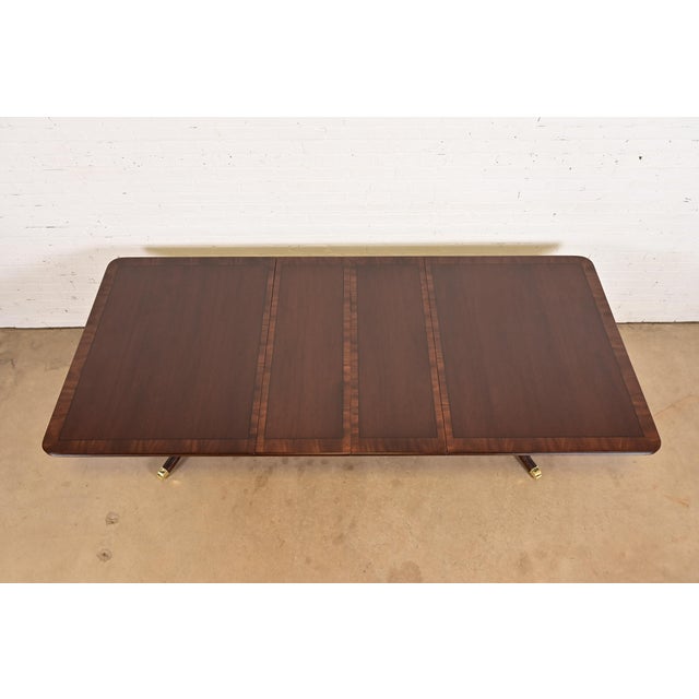1980s Baker Furniture Style Georgian Banded Mahogany Double Pedestal Extension Dining Table, Newly Refinished For Sale - Image 5 of 13