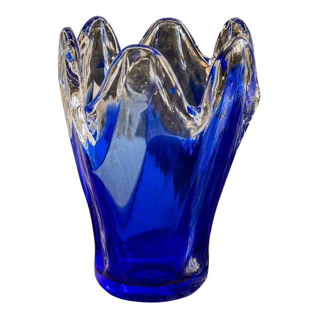 Vintage Cobalt Blue Murano Style Art Glass Flower Bowl Vase For Sale
