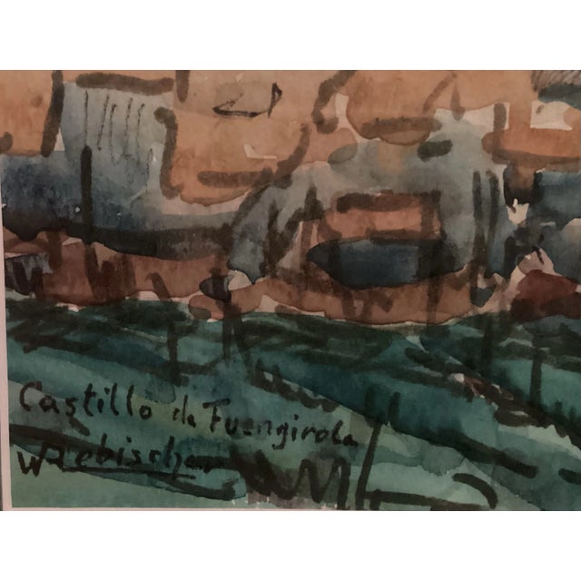 Original Watercolor, Castle Ruins in Fuengirola, Spain, Ancient Fortress Signed by Artist, Wooden Frame With Green matting For Sale In Phoenix - Image 6 of 12