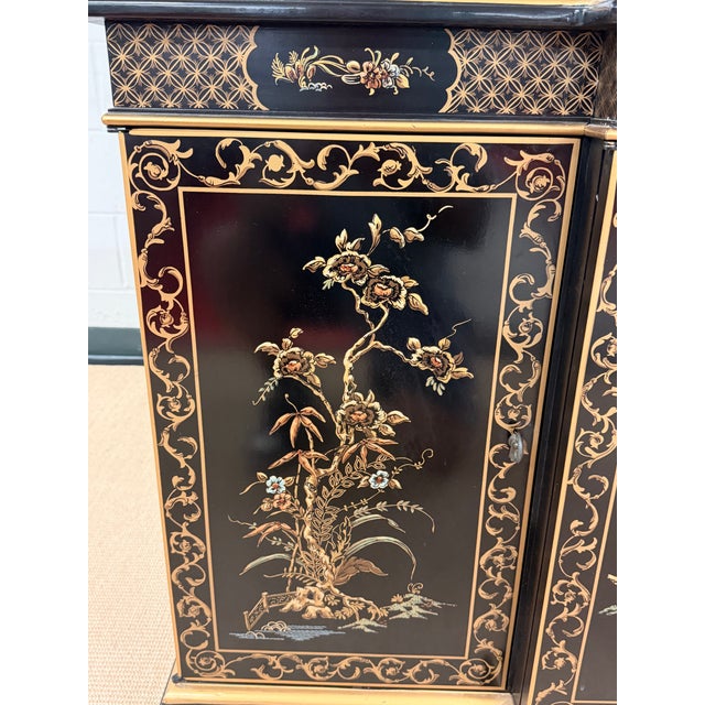 Black Lacquer Hand Painted Chinoiserie Credenza From Drexel Heritage For Sale - Image 11 of 12