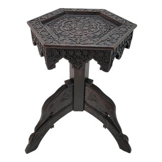 19th Century Oriental Heavily Carved Hexagonal Elephant Thickwood Table For Sale