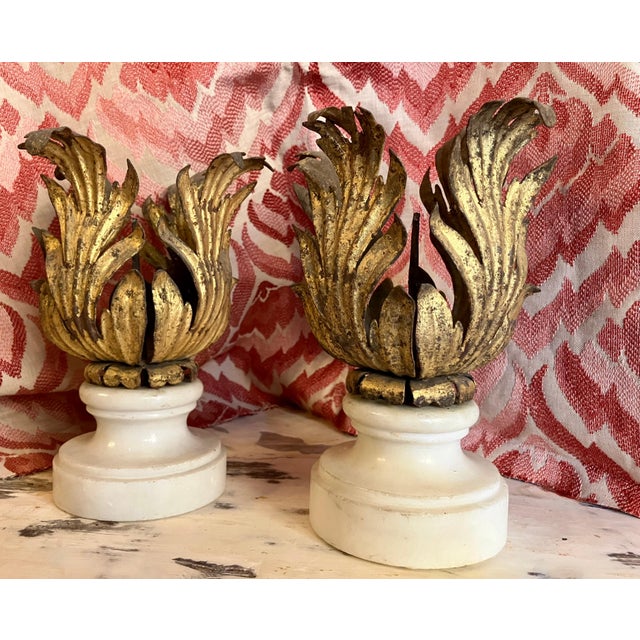Metal Italian Renaissance Gilded Iron Candleholders on Carrara Marble Sockles, Set of 2 For Sale - Image 7 of 11