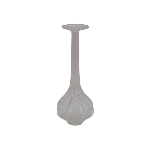Lalique Marie-Claude Soliflore frosted crystal vase with a bulbous ribbed body and flat flared rim. Made in France....