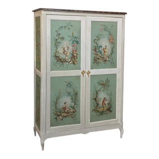 19th Century French Chinoiserie Painted Armoire or Cabinet With Faux Marble Top For Sale