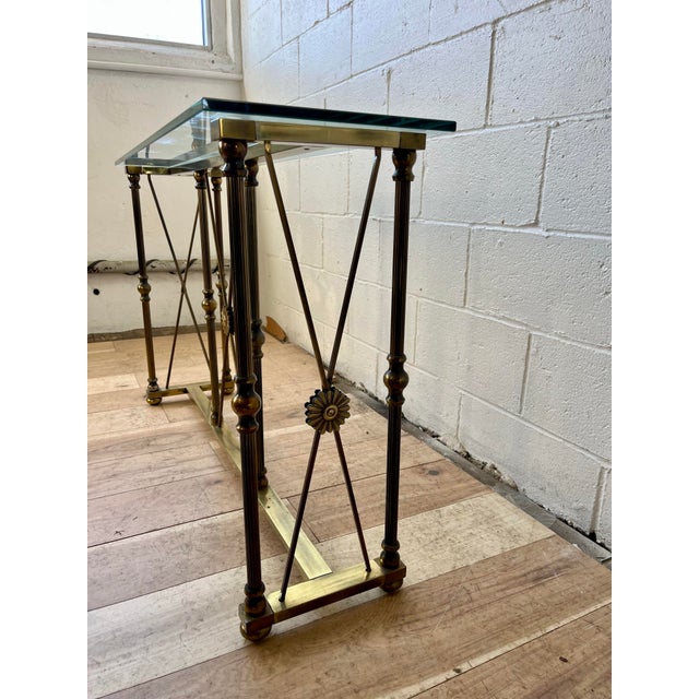 Metal Vintage Hollywood Regency Brass and Glass Console Table With Bronze Supports For Sale - Image 7 of 10