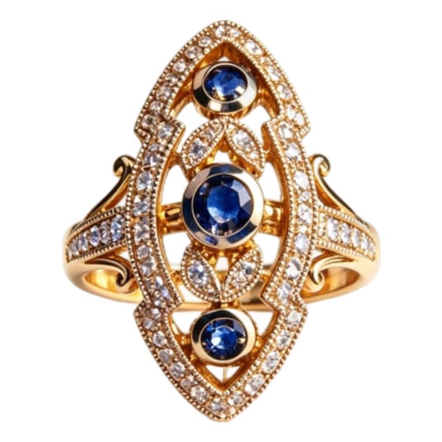 14K Yellow Gold Sapphire Diamond Filigree Cocktail Ring Estate For Sale