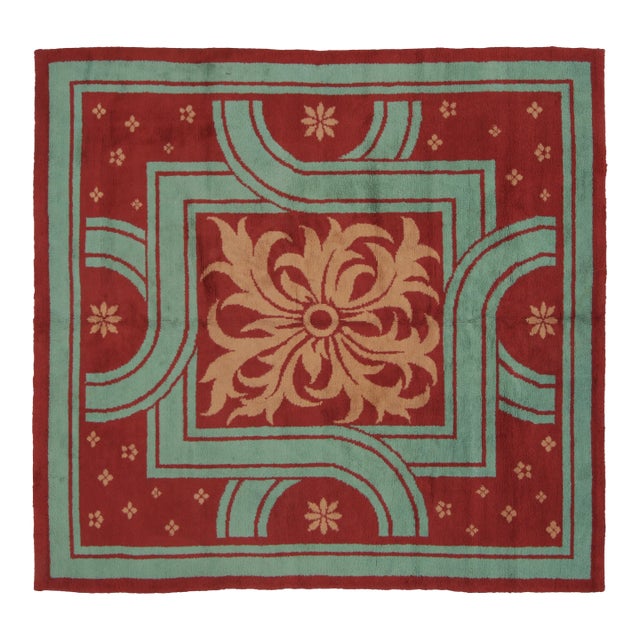 Antique French Art Deco Rug in Red and Blue Floral Medallion- Rug & Kilim For Sale