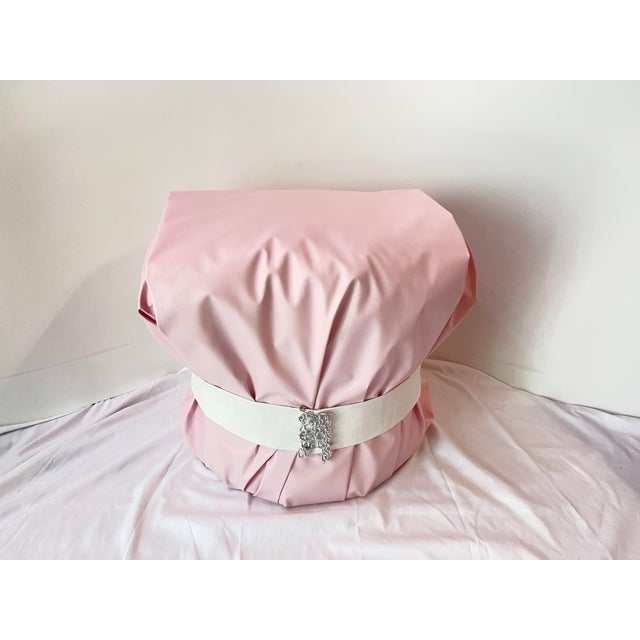 Modern Large Pink Leather Art Deco Pouf Ottoman Silver For Sale - Image 10 of 11