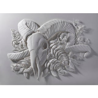 Metamorphosis, 22019 by Marisa Aragón Ware | Paper sculpture of a ram skull surrounded by foliage For Sale