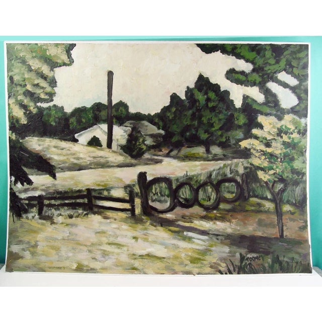 Farmhouse Vintage 1990s Impressionist Farmhouse Landscape With Gate Painting For Sale - Image 3 of 3