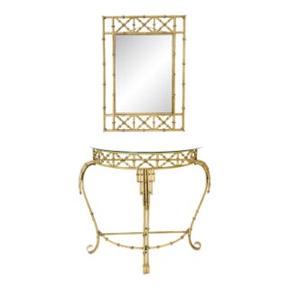 Hollywood Regency Metal Faux Bamboo Demilune Console Table and Mirror - Set of 2 For Sale