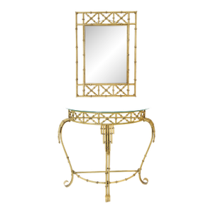 Hollywood Regency Metal Faux Bamboo Demilune Console Table and Mirror - Set of 2