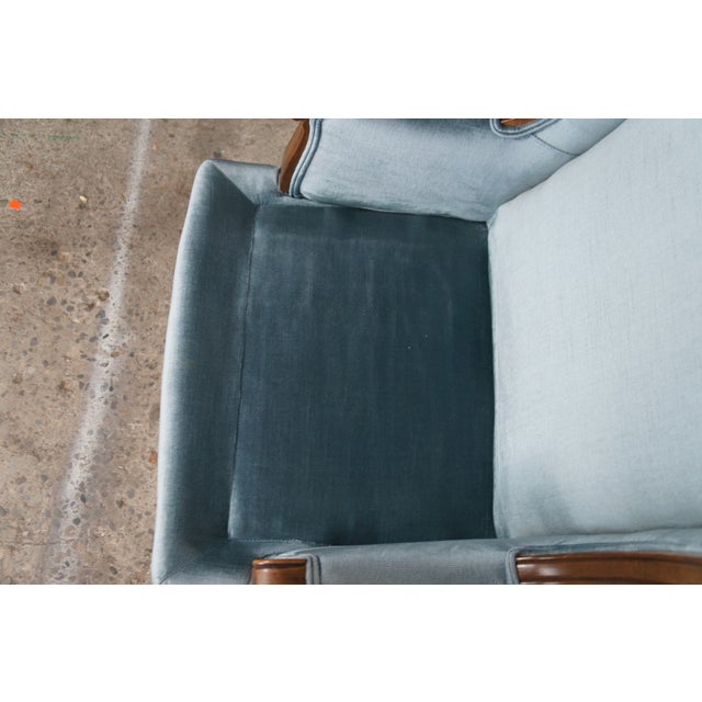 Vintage Queen Anne Style Library Wing Back Chair Light Blue Velvet Fabric For Sale - Image 9 of 11