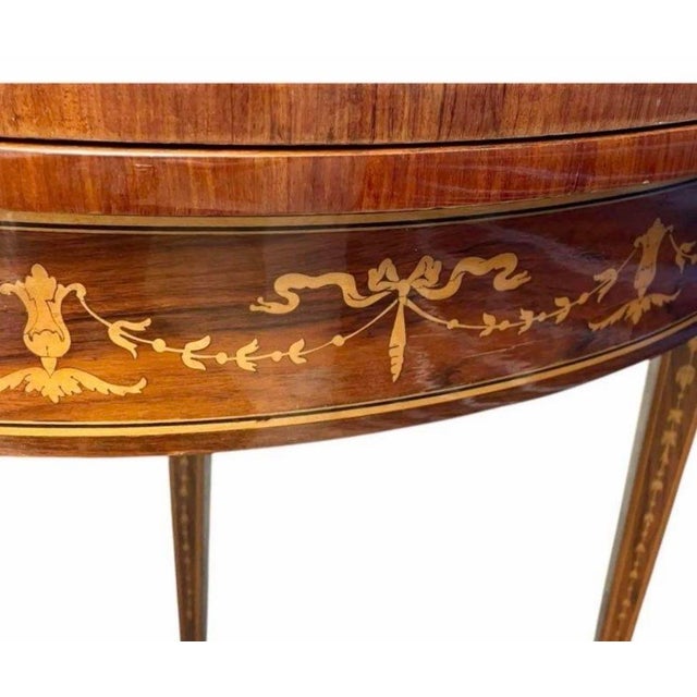 Wood Antique Italian Neoclassical Marquetry Inlaid Round Folding Game Table For Sale - Image 7 of 9