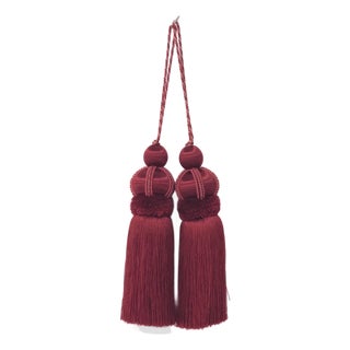 Pair of Ruby Red Key Tassels With Satin and Cut Velvet Details For Sale