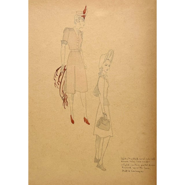 An early 1940s fashion study featuring women wearing Hattie Carnegie dresses. Text on fashion study reads: Left -- tucked...