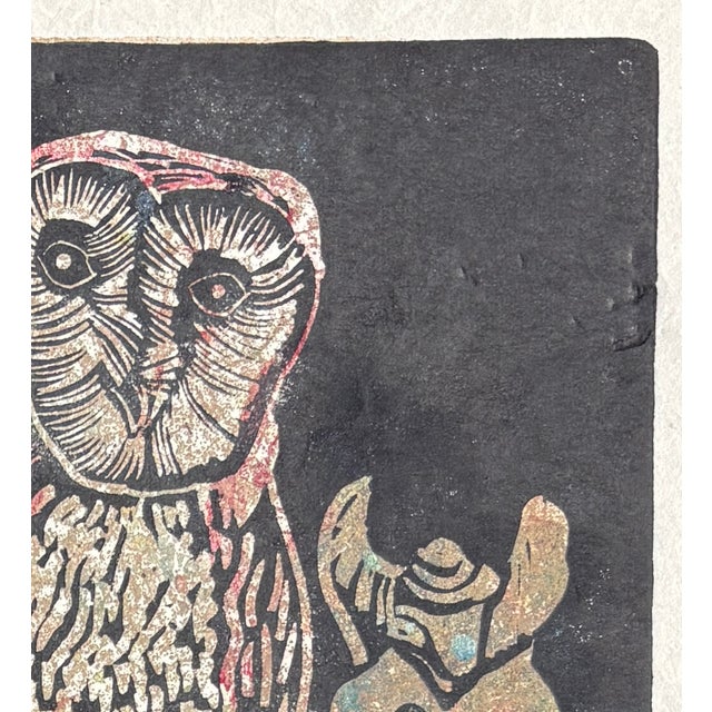 Mid-Century Modern Vintage MCM Woodcut/Engraving Titled ‘Three Owls’ Signed by Fannie Mennen (1903-1995) For Sale - Image 3 of 9