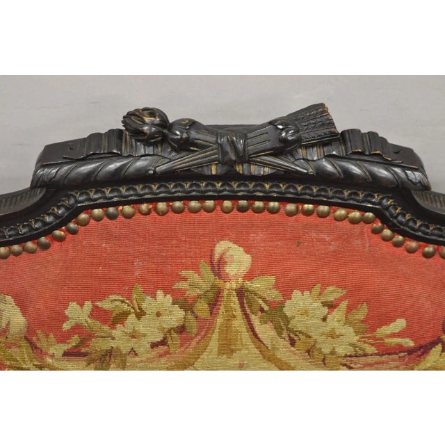 Antique French Empire Black Ebonized Walnut Needlepoint Parlor Arm Chair For Sale - Image 4 of 12