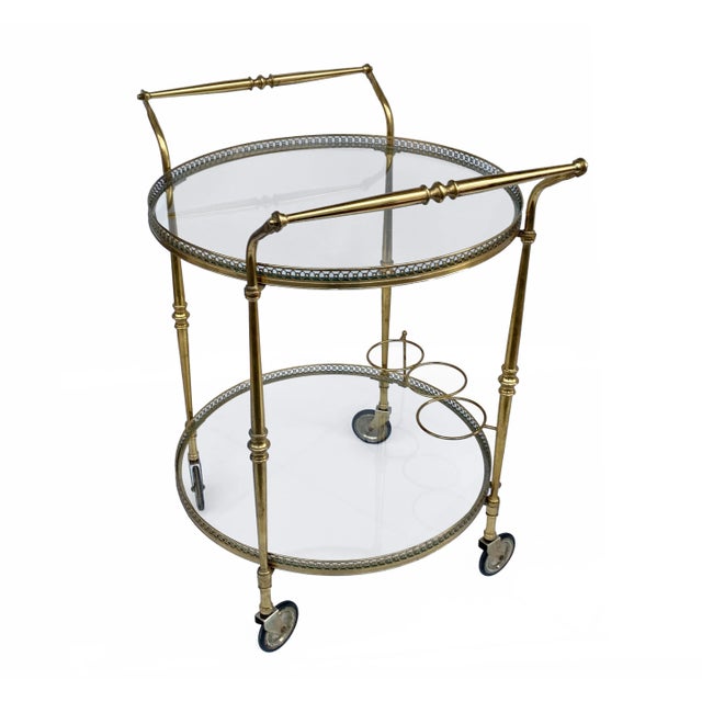 Metal Round Brass Bar Trolley with Bottle Holder by Maison Baguès, 1950s For Sale - Image 7 of 9