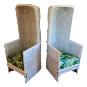 Pair of Vintage White Rattan Canopy Chairs