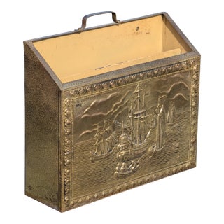 Vintage Sailboat Scene Embossed Brass Magazine Holder/Rack For Sale