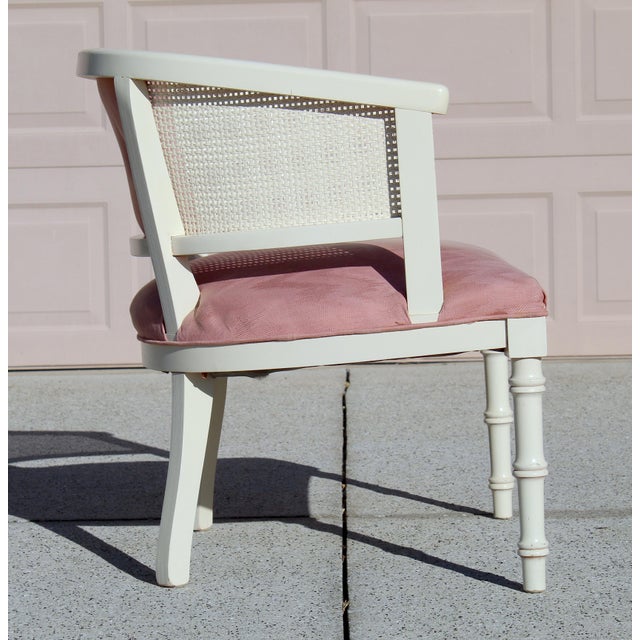 Light Pink Vintage Cane Barrel Chair With Blush Pink Upholstery | Hollywood Regency Style Accent Chair For Sale - Image 8 of 18
