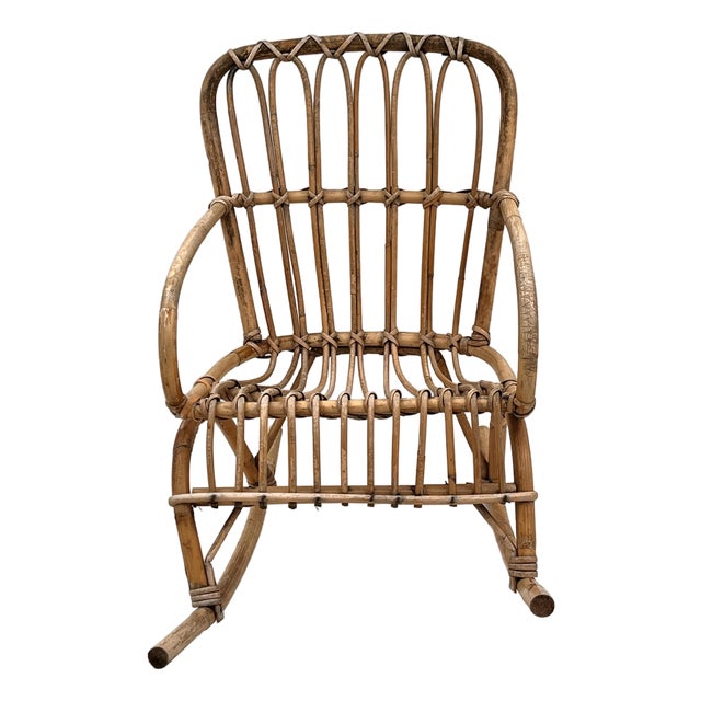 Mid-Century Franco Albini Style Child's Rattan Bamboo Rocking Chair For Sale