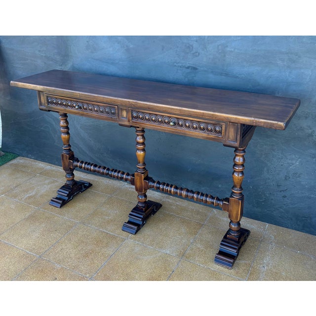 Spanish Carved Wood Console Table With Two Drawers Signed by Valenti For Sale - Image 4 of 16