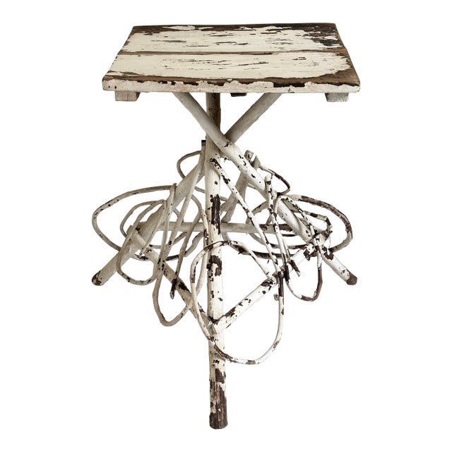 Early 20th Century Antique Folk Art Handcrafted Adirondack Style Twig Table With Decorative Scroll Base For Sale