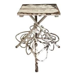 Early 20th Century Antique Folk Art Handcrafted Adirondack Style Twig Table With Decorative Scroll Base