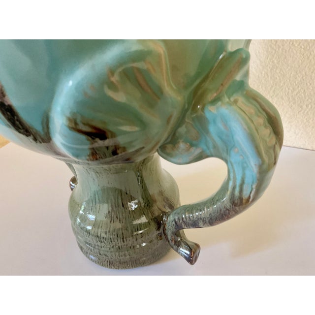 Pistachio Ceramic Glazed Vase With Elephant Trunks as Handles and Writing on the Bottom of Turquois Color Vessel For Sale - Image 8 of 12