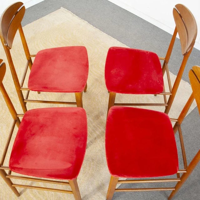 Scandinavian Wooden Chairs with Red Fabric Seat, 1960s, Set of 4 For Sale - Image 4 of 9
