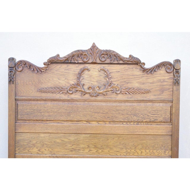 Late 19th Century Antique Eastlake Victorian Oak Wood Tall Headboard Full Size Bed Frame For Sale - Image 4 of 10