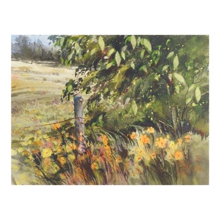 Rustic Fenceline and Wildflowers Landscape Watercolor Painting For Sale