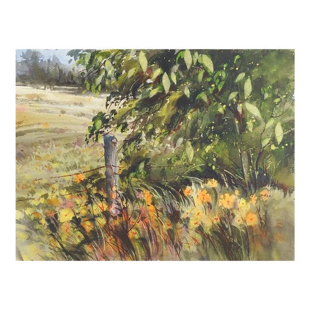 Rustic Fenceline and Wildflowers Landscape Watercolor Painting For Sale