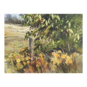 Rustic Fenceline and Wildflowers Landscape Watercolor Painting