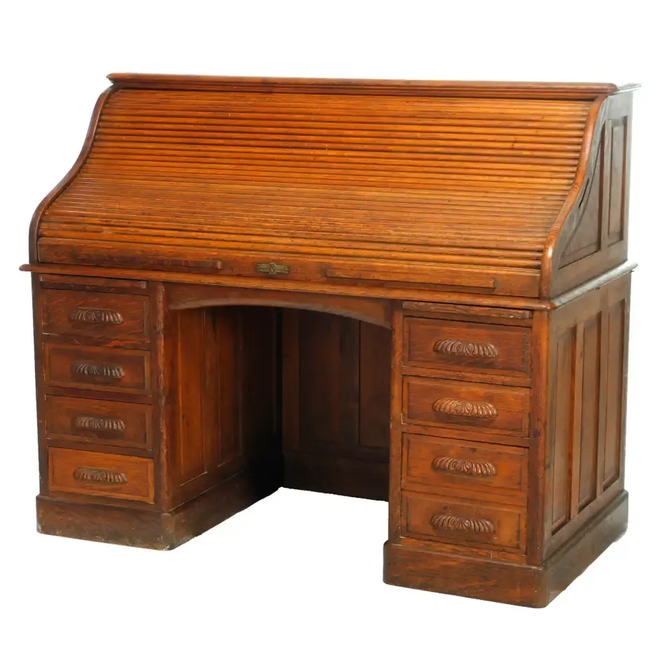 Antique Derby School Paneled Oak Roll Top Desk with Full Interior