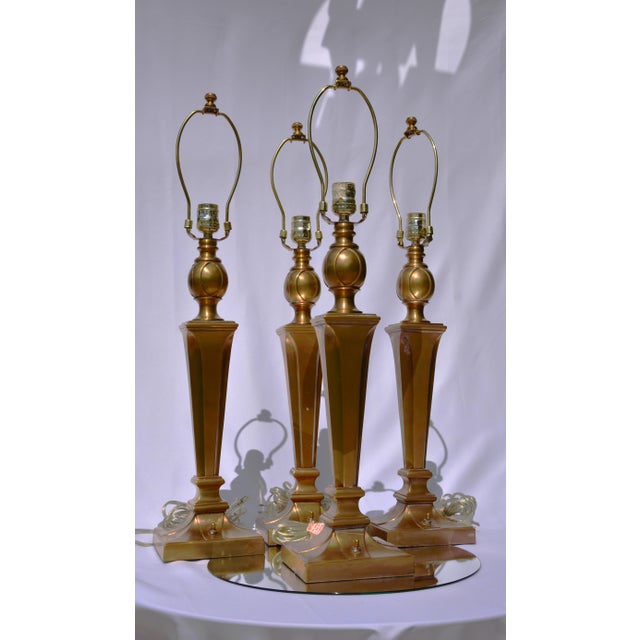 Mid-Century Modern Set of 4 Vintage Column Brass Table Lamps For Sale - Image 3 of 10