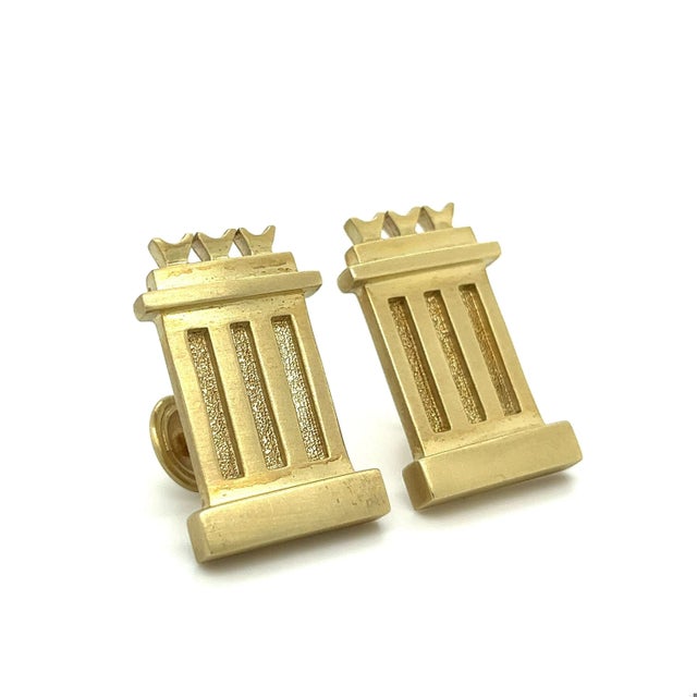 14k solid yellow gold tower motif cuff links. Signed Mignon Faget. Sharp, textured gold with a brushed finish. The perfect...