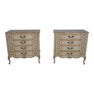 Pair Vintage 4 Drawer Marble Top Shell Carved Chests For Sale