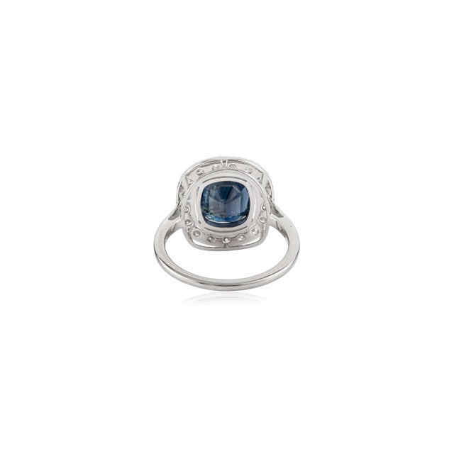 Metal Princess Diana Inspired 4.36 Ct Blue Sapphire & Diamond Halo 14k Gold Ring Size 5.5 For Sale - Image 7 of 14
