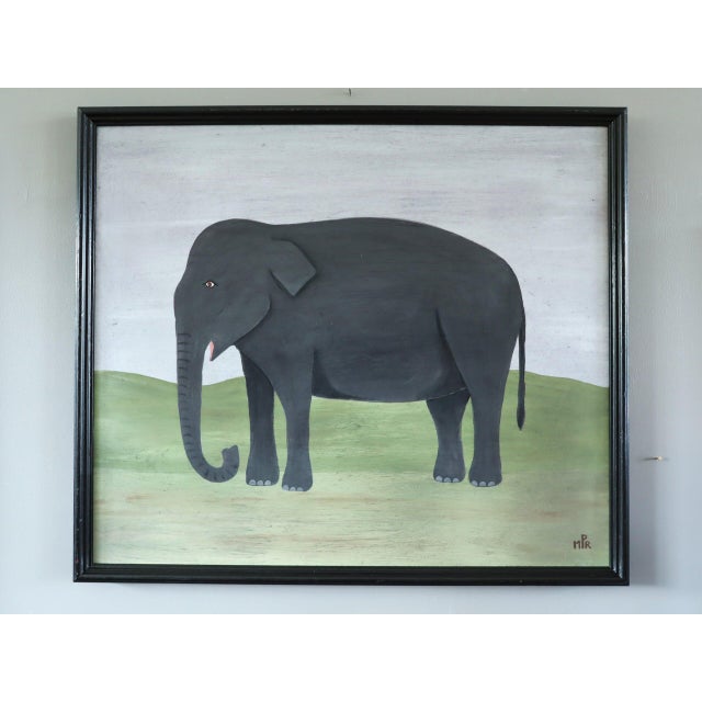 GENTLE ELEPHANT Size: 16.1 x 18.7 inches (including frame) Oil on board A charming contemporary naïve style painting,...