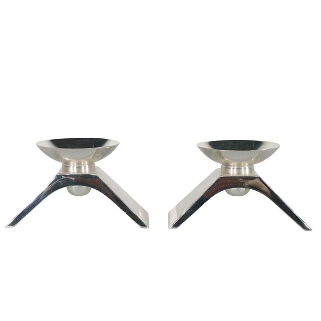 WMF Ikora Pr. Modernist Silverplate Candlesticks by Wmf Ikora C 1960's. For Sale - Image 4 of 8