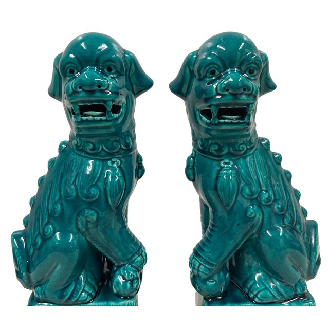 Vintage Chinese Porcelain Green Foo Dog Figurines - A Pair For Sale - Image 9 of 13